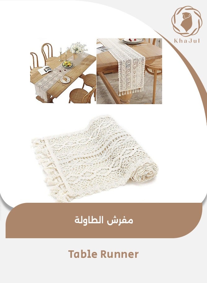 KHAJUL Cotton Boho Table Runner Wedding Table Cover Crochet Table Cloth with Tassels Tablecloth Wallpaper Home Dining Decor  Beige 24x180cm - Image 1