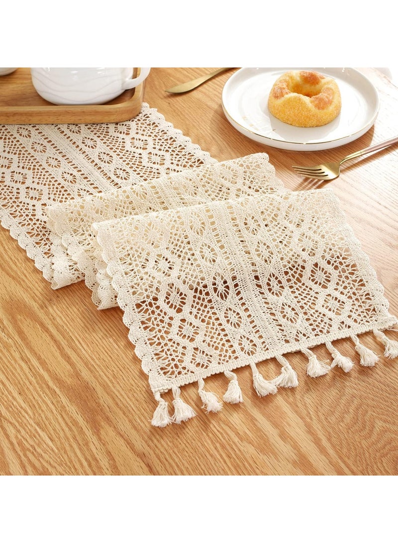 KHAJUL Cotton Boho Table Runner Wedding Table Cover Crochet Table Cloth with Tassels Tablecloth Wallpaper Home Dining Decor  Beige 24x180cm - Image 4