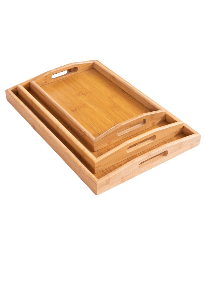 VIO Set of 3 Bamboo Tray Wooden Serving Tray Set With Handles Rectangular Platter Large Medium Small for Serving Food Drinks Snacks for Use in Kitchen Home Office Outdoor Restaurant Cafe  - Image 1