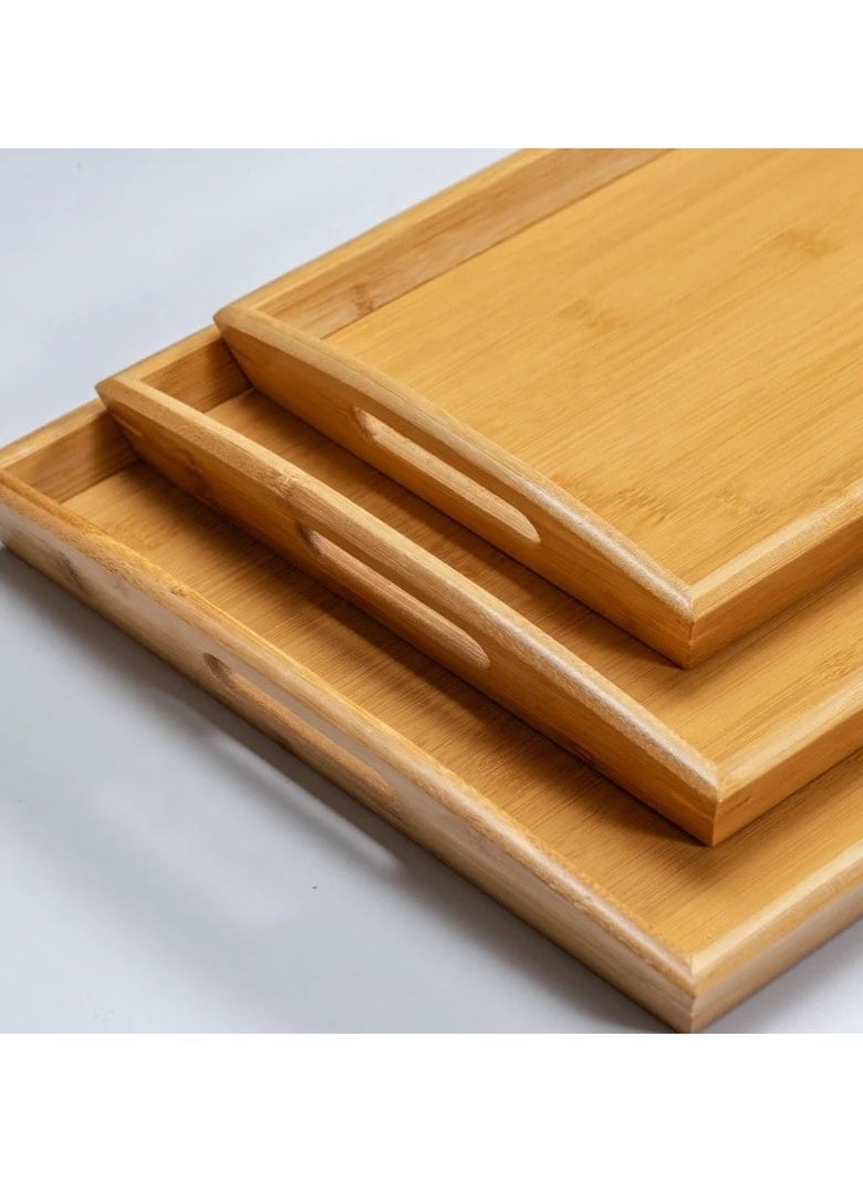 VIO Set of 3 Bamboo Tray Wooden Serving Tray Set With Handles Rectangular Platter Large Medium Small for Serving Food Drinks Snacks for Use in Kitchen Home Office Outdoor Restaurant Cafe  - Image 4