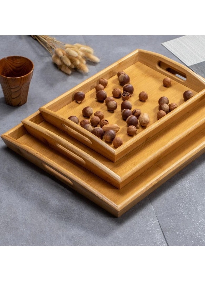 VIO Set of 3 Bamboo Tray Wooden Serving Tray Set With Handles Rectangular Platter Large Medium Small for Serving Food Drinks Snacks for Use in Kitchen Home Office Outdoor Restaurant Cafe  - Image 2
