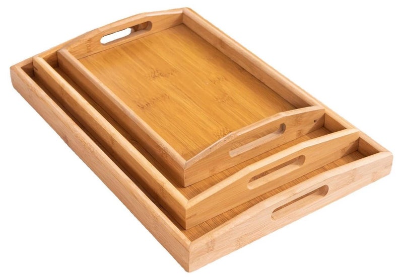 VIO Stackable Bamboo Serving Tray With Handles Set of 3  Decorative Nesting Wooden Trays to Serve Food Coffee and Breakfast in Bed Wooden Serving Tray Set With Handles Rectangular Platter Large Medium Small for Serving Food Drinks Snacks for Kitchen Home Office Outdoor Restaurant Cafe - Image 1