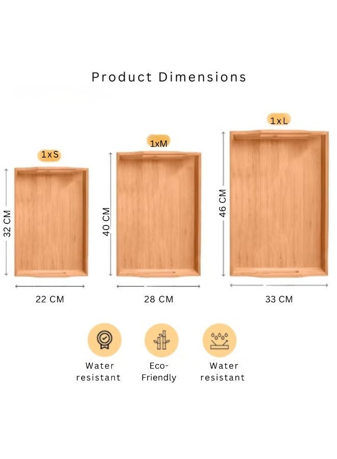 VIO Stackable Bamboo Serving Tray With Handles Set of 3  Decorative Nesting Wooden Trays to Serve Food Coffee and Breakfast in Bed Wooden Serving Tray Set With Handles Rectangular Platter Large Medium Small for Serving Food Drinks Snacks for Kitchen Home Office Outdoor Restaurant Cafe - Image 4