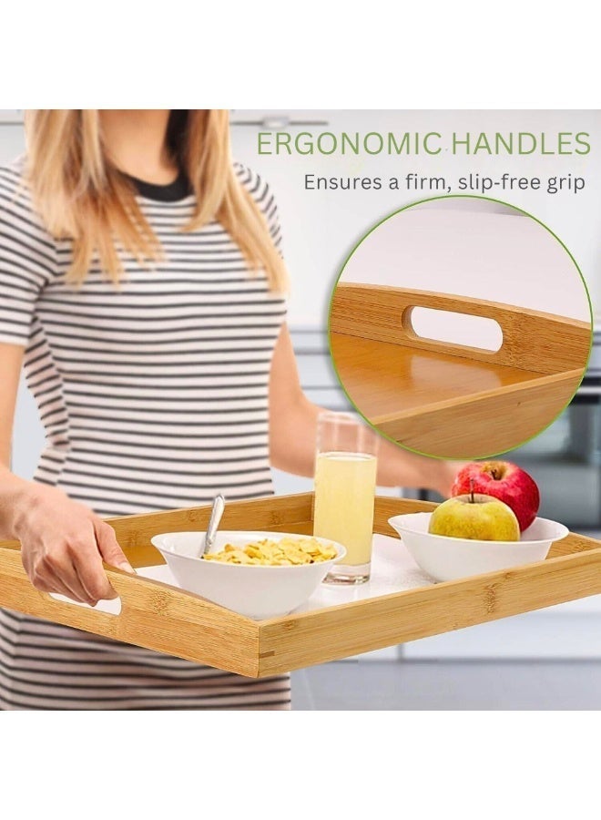 فيو صينية تقديم خيزران قابلة للتكديس بمقابض، مجموعة من 3 صواني خشبية متداخلة لتقديم الطعام والقهوة والإفطار في السرير، مجموعة صواني خشبية للتقديم بمقابض، صينية مستطيلة، صينية سرير، صينية طاولة، صينية زخرفية، صينية كبيرة ومتوسطة وصغيرة لتقديم الطعام والمشروبات والوجبات الخفيفة للمطبخ وتناول الطعام في المنزل والمكتب والمطعم والمقهى والحفلات - Image 4