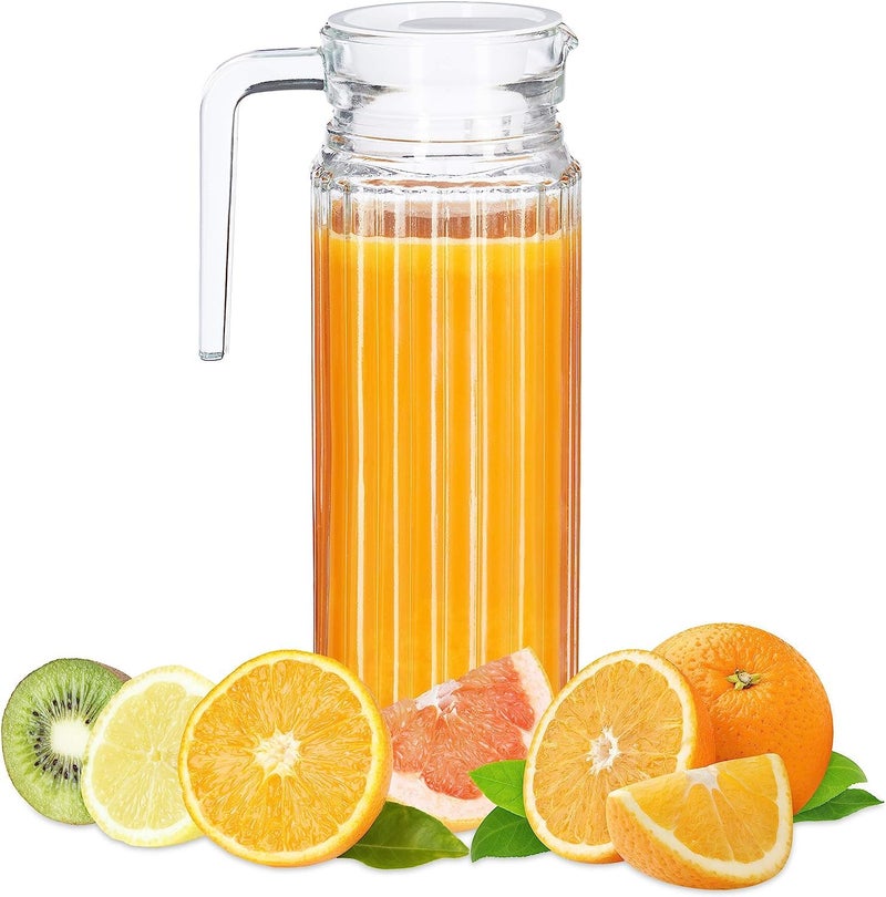 WRINGO Glass Water Pitcher- 1 LTR, Transparent, Hot Cold Water Glass Pitcher with Lid Water Jug, Iced Tea, Milk and Juice Beverage Carafe, Lemon Jug 1000ML (WP-06) - Image 1