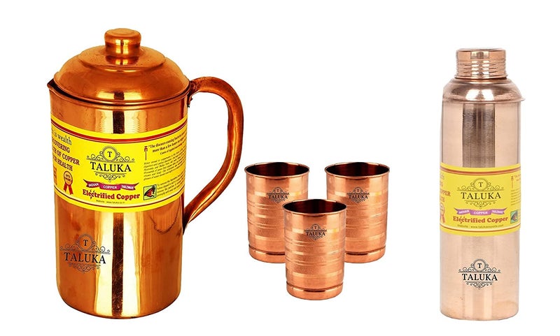 Taluka Plain Copper Jug Pitcher 1500 ml with 3 Copper Glass Cup 1 Water Bottle Storage Drinking Home Hotel Restaurant Tableware - Image 1