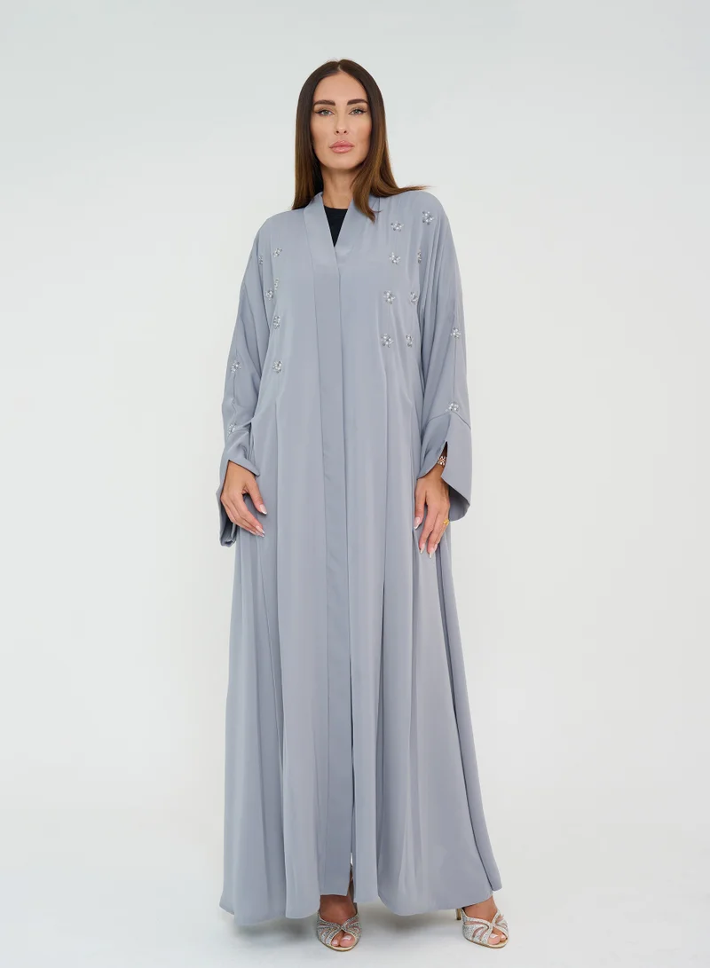 Rosette Abaya French cut pleated Embroidery Abaya