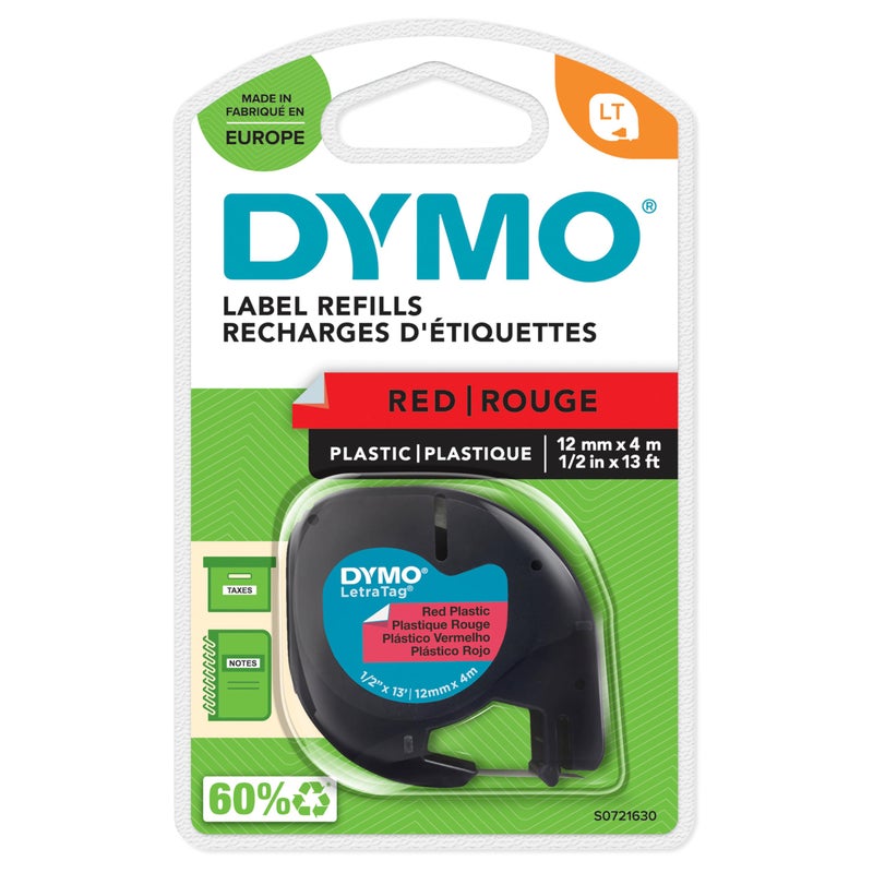 DYMO LetraTag Plastic Labels | Authentic | 12 mm x 4 m Roll | Black Print on Red Labels | Self-Adhesive Multipurpose Labels for LetraTag Label Makers