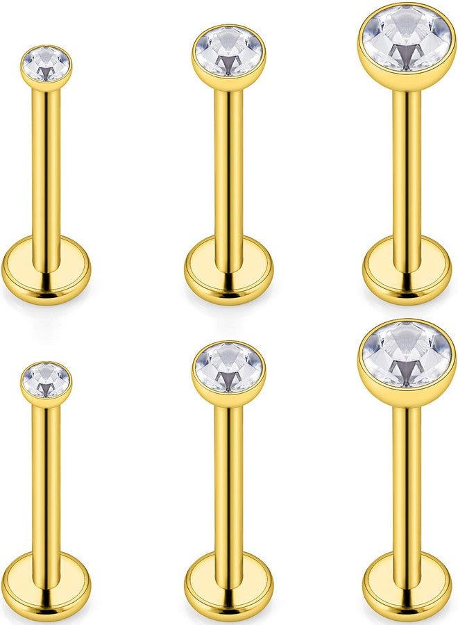 SCERRING 3 Pairs 14g Stainless Steel 2mm 3mm 4mm Jeweled Clear CZ Internally Threaded Labret Monroe Lip Earring Ring Body Piercing Jewelry 10mm - Gold - Image 1