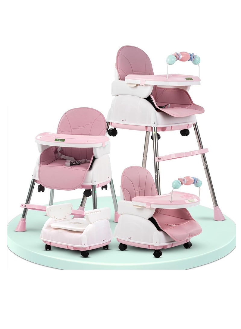 كرسي مرتفع 4 في 1 نورا قابل للتحويل للأطفال مع ارتفاع قابل للتعديل ومسند للقدمين من TOYS-EGYPT ، مقعد معزز لإطعام الأطفال الصغار مع صينية وعجلات وحزام أمان ووسادة لمدة 6 أشهر إلى 4 سنوات (بمبي) - Image 1