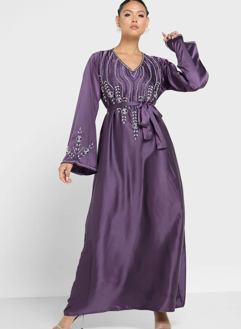 hayas closet Scoop Neck Embellished Jalabiya