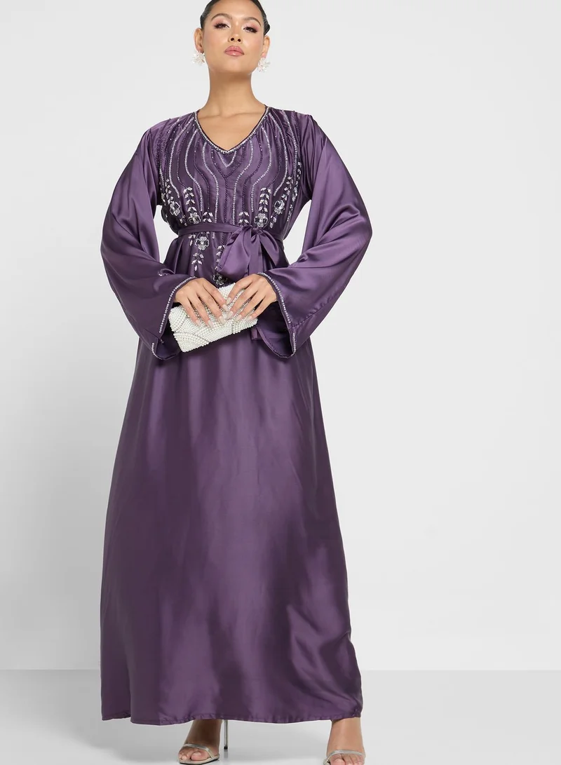 hayas closet Scoop Neck Embellished Jalabiya