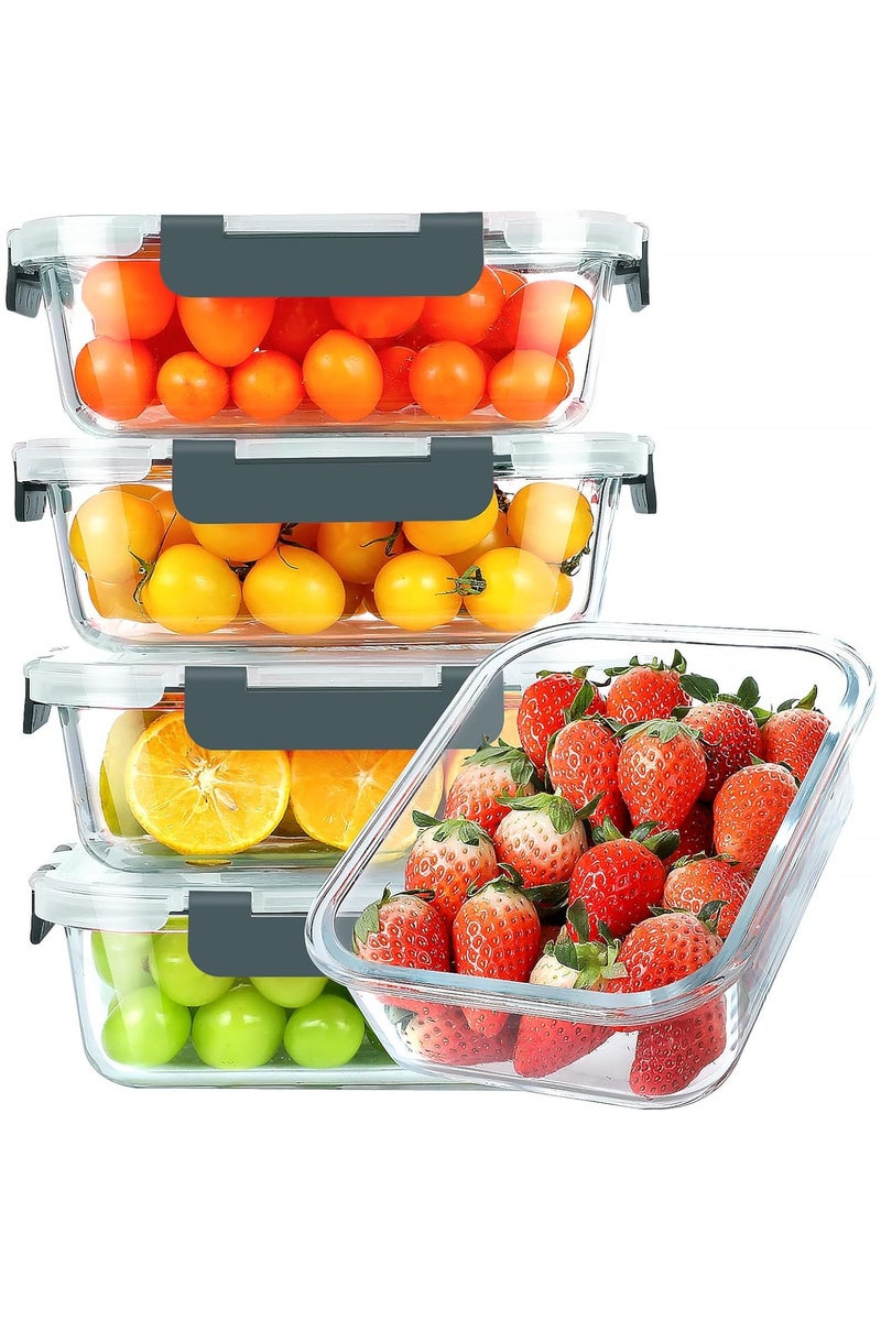 5-Packs, 1040ml Glass Meal Prep Containers with Snap Locking Lids Glass Food Containers,Airtight Lunch Container,Microwave, Oven, Freezer and Dishwasher - Image 1