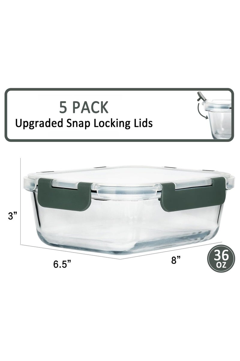 5-Packs, 1040ml Glass Meal Prep Containers with Snap Locking Lids Glass Food Containers,Airtight Lunch Container,Microwave, Oven, Freezer and Dishwasher - Image 2