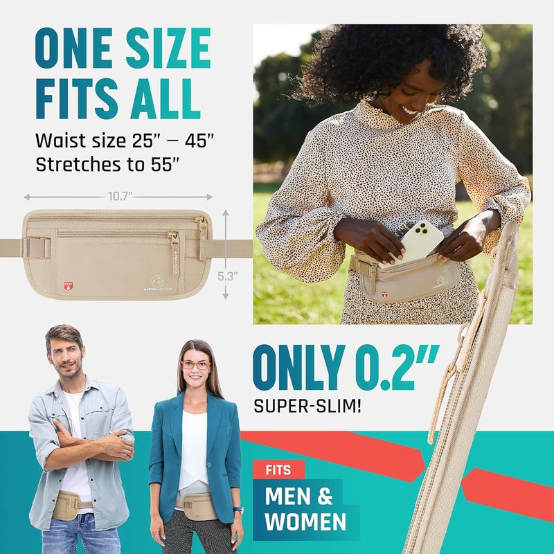 Alpha Keeper حزام المال المخفي للسفر - محفظة خصر مانعة لتقنية RFID وحامل جواز السفر للنساء والرجال، حقيبة أمان رفيعة مضادة للسرقة - Image 2