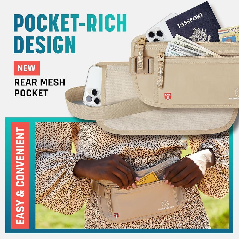 Alpha Keeper حزام المال المخفي للسفر - محفظة خصر مانعة لتقنية RFID وحامل جواز السفر للنساء والرجال، حقيبة أمان رفيعة مضادة للسرقة - Image 5