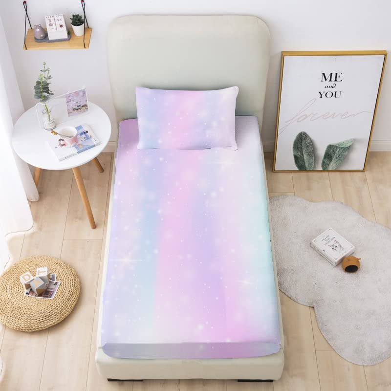 MUSOLEI Colorful Girl Fitted Sheet Set Rainbow Sheet 3D Rainbow Bedding Set Girls Twin Sheets 2PCS Boho 1 Fitted Sheet with 1 Pillowcase Wrinkle Free Cozy Microfiber Twin Sheets for Girls T