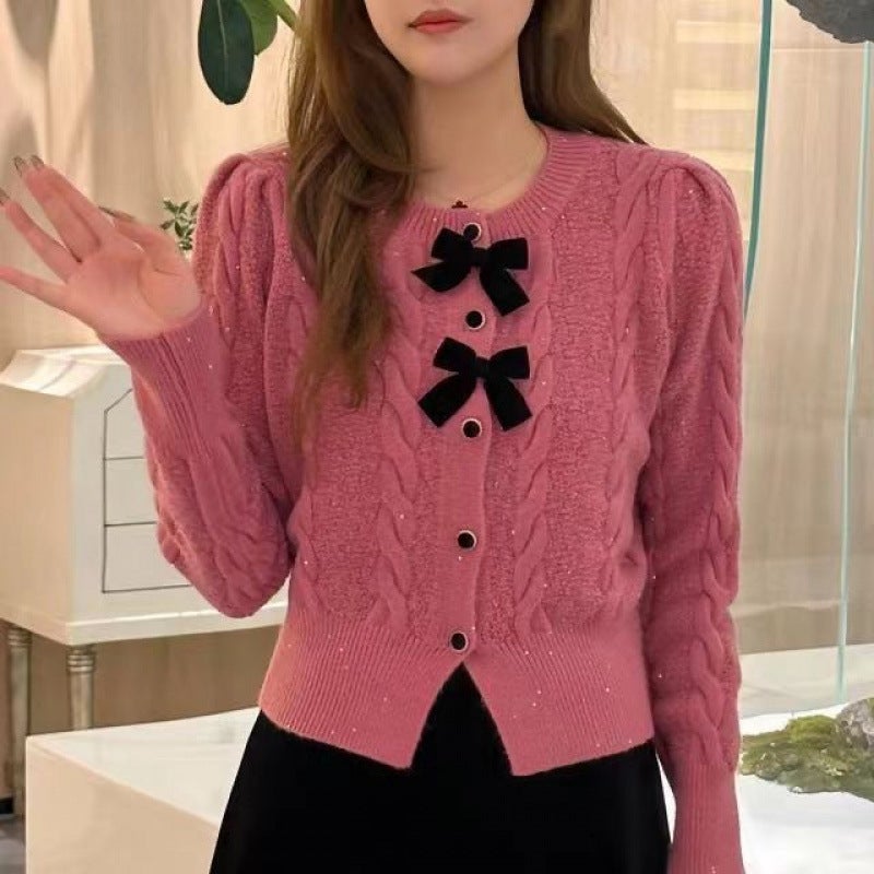 Round Neck Fragrant New Style 2025 Knitted Sweater Short Style Jacket Bow Knitted Sweater Cardigan Top - Image 4