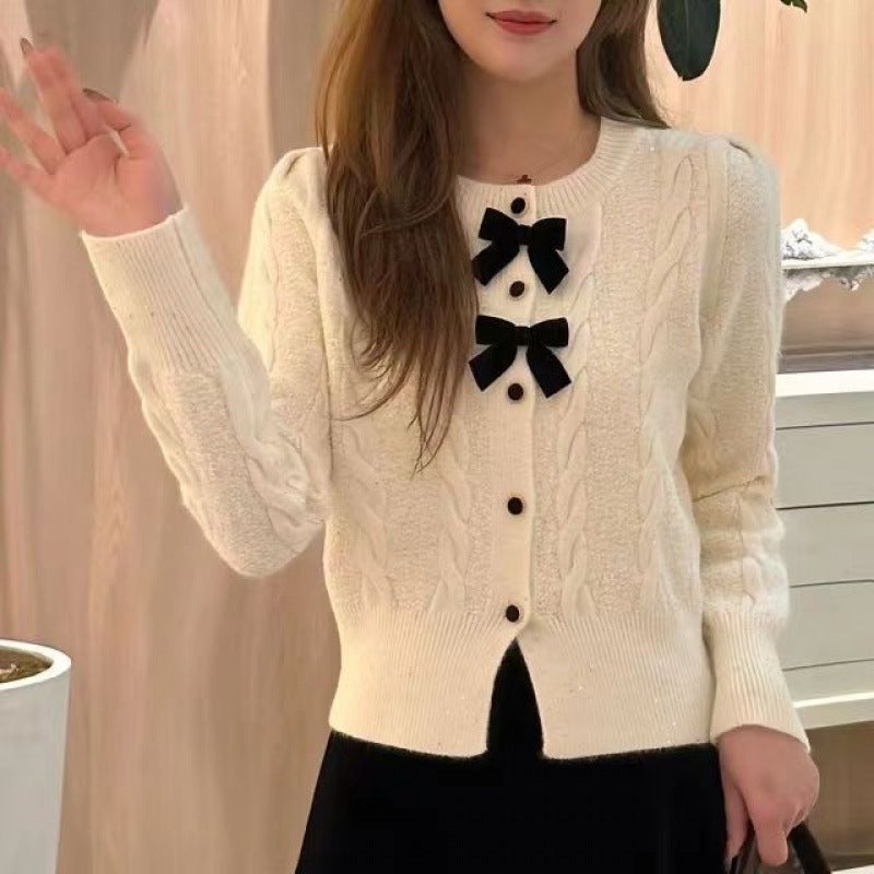 Round Neck Fragrant New Style 2025 Knitted Sweater Short Style Jacket Bow Knitted Sweater Cardigan Top - Image 3