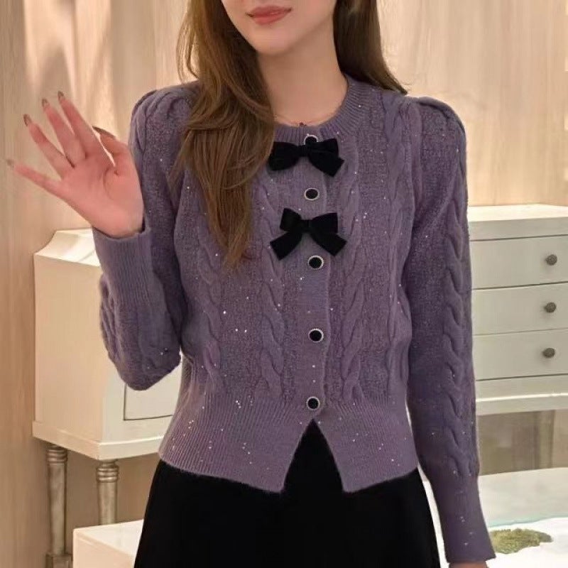 Round Neck Fragrant New Style 2025 Knitted Sweater Short Style Jacket Bow Knitted Sweater Cardigan Top - Image 1