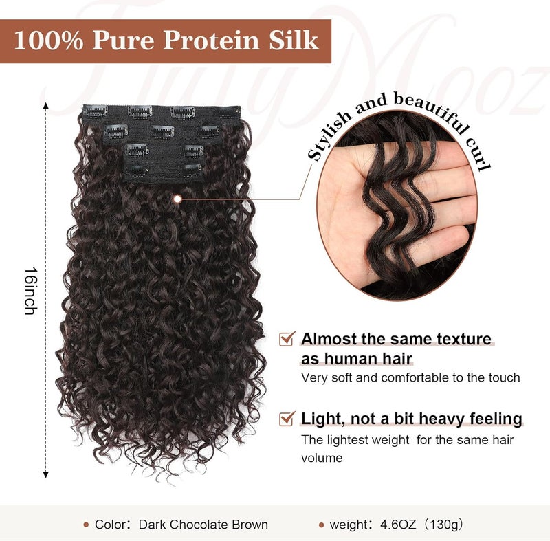 Flufymooz Clip in Hair Extensions, 4PC 100％ Pure Protein Silk Hair Extensions Long Soft Natural Hairpiece 16 Inch Curly Hairpiece for Women (Dark Chocolate Brown) - Image 2