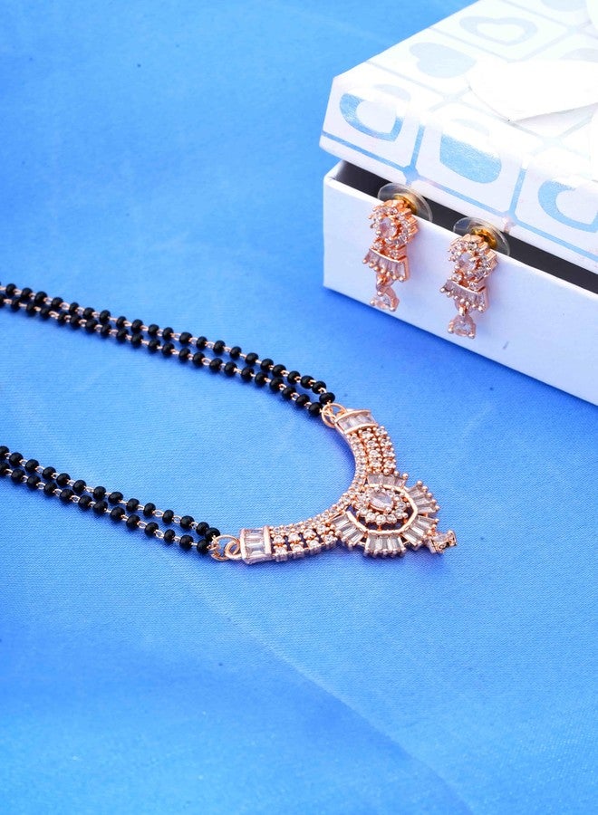 STYOLLO Rose Gold American Diamond Pendant Mangalsutra & Earrings For Women & Girls with Black Beads Chain | Stylish Women's Jewelry Sets & Tanmaniyas | Traditional Girls AD Necklace Gift - Image 2
