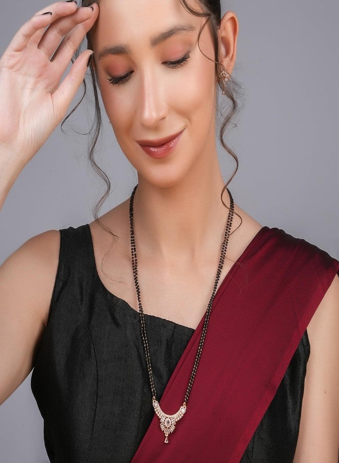 STYOLLO Rose Gold American Diamond Pendant Mangalsutra & Earrings For Women & Girls with Black Beads Chain | Stylish Women's Jewelry Sets & Tanmaniyas | Traditional Girls AD Necklace Gift - Image 5