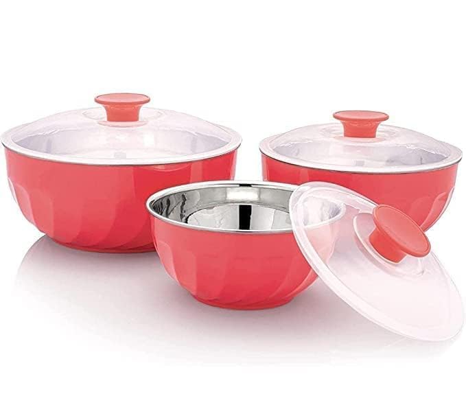 SANGOZ Stainless Steel Microwave Safe Bowl Set Flourish Bowls Set Kitchen Storage Microwave Utensils Mixing Serving Bowl with Transparent Lids Set of 3 Pc Multicolor - Image 1