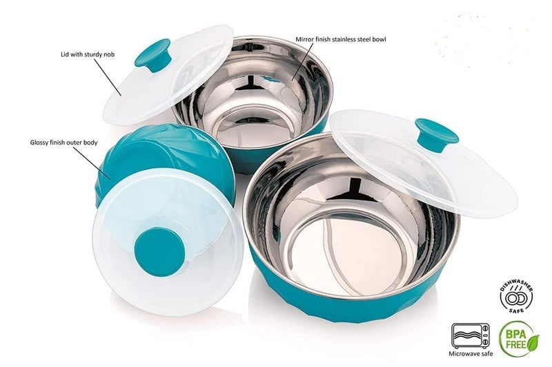 SANGOZ Stainless Steel Microwave Safe Bowl Set Flourish Bowls Set Kitchen Storage Microwave Utensils Mixing Serving Bowl with Transparent Lids Set of 3 Pc Multicolor - Image 3