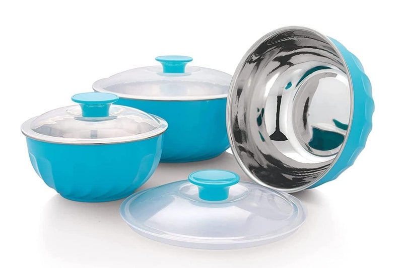SANGOZ Stainless Steel Microwave Safe Bowl Set Flourish Bowls Set Kitchen Storage Microwave Utensils Mixing Serving Bowl with Transparent Lids Set of 3 Pc Multicolor - Image 4