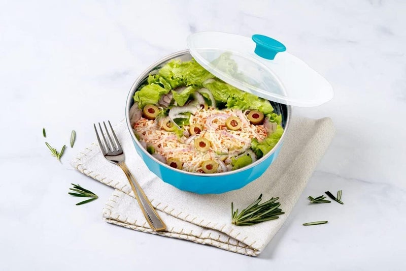 SANGOZ Stainless Steel Microwave Safe Bowl Set Flourish Bowls Set Kitchen Storage Microwave Utensils Mixing Serving Bowl with Transparent Lids Set of 3 Pc Multicolor - Image 5