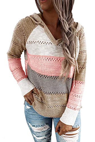 FEKOAFE Womens Causal Striped Color Block Long Sleeve Hoodies Pullover Clearance Khaki Fall Sweaters L - Image 1