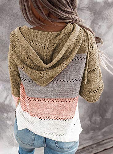 FEKOAFE Womens Causal Striped Color Block Long Sleeve Hoodies Pullover Clearance Khaki Fall Sweaters L - Image 2