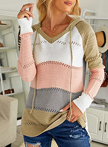FEKOAFE Womens Causal Striped Color Block Long Sleeve Hoodies Pullover Clearance Khaki Fall Sweaters L - Image 3