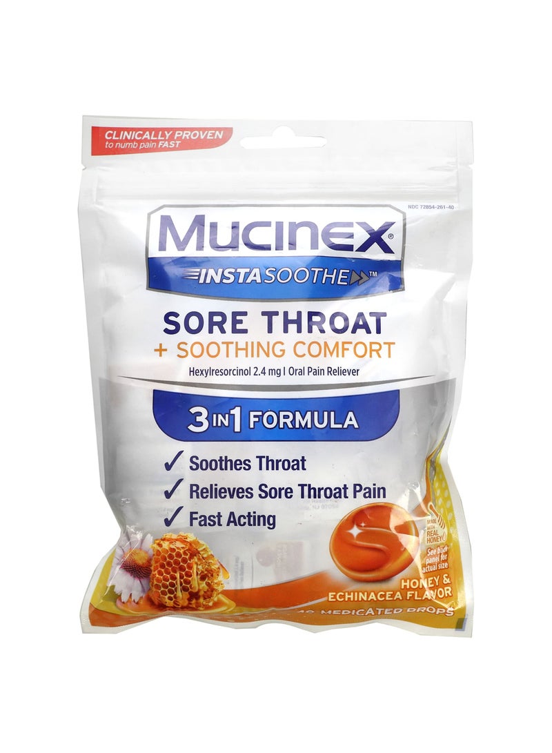 InstaSoothe, Sore Throat + Soothing Comfort, Honey & Echinacea, 40 Medicated Drops
