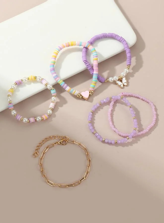 Take Two  Pack of 6 - Girls Multi-Color Pastel Butterfly and Heart Charm Bracelet for Women | Best Price UAE