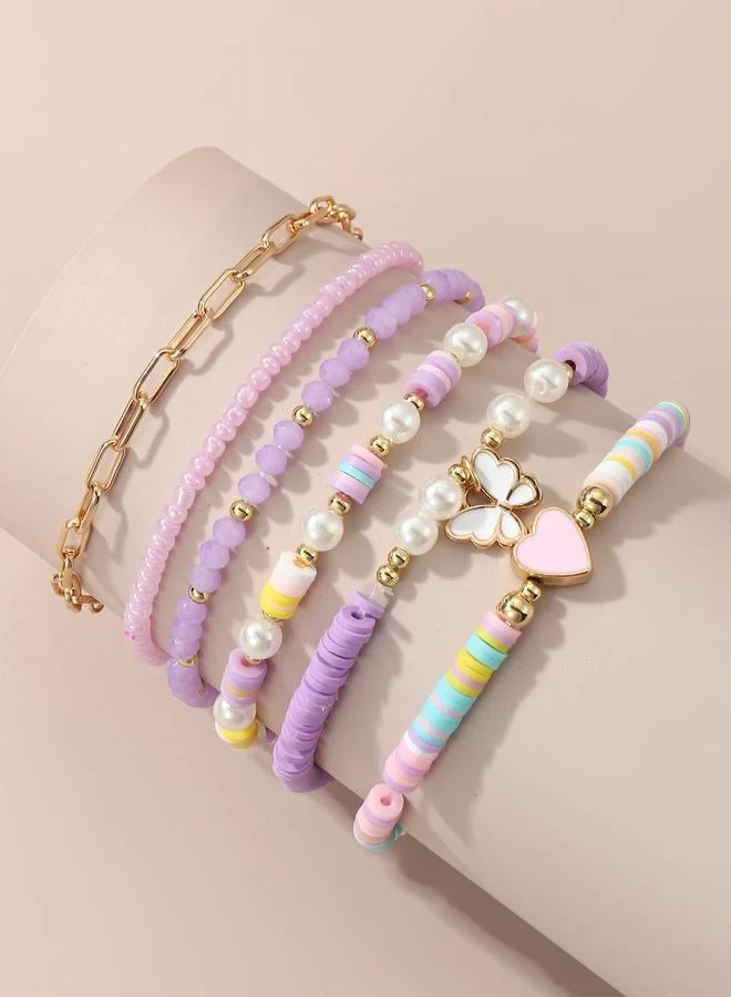 Pack of 6 - Girls Multi-Color Pastel Butterfly and Heart Charm Bracelet