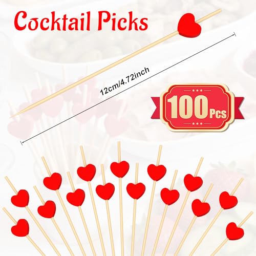 Lxzyu 100 Pcs Red Heart Cocktail Picks Galentines Day Decorations 4.7" Toothpicks for Appetizers Bamboo Cocktail Sticks Skewers Fruit Toothpicks Dessert Charcuterie for Wedding Valentines Day Party Supplies - Image 3