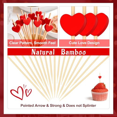 Lxzyu 100 Pcs Red Heart Cocktail Picks Galentines Day Decorations 4.7" Toothpicks for Appetizers Bamboo Cocktail Sticks Skewers Fruit Toothpicks Dessert Charcuterie for Wedding Valentines Day Party Supplies - Image 4