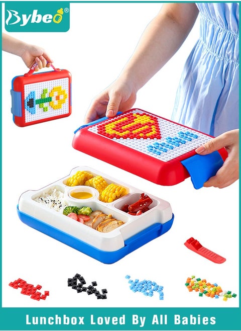 Kids Lunch Box, Bento Box with 5 Compartment Portions, Leak-Proof  Food Container with Reusable Spoon and Fork, Fun Bento Box with Blocks, Microwave Safe, BPA Free
