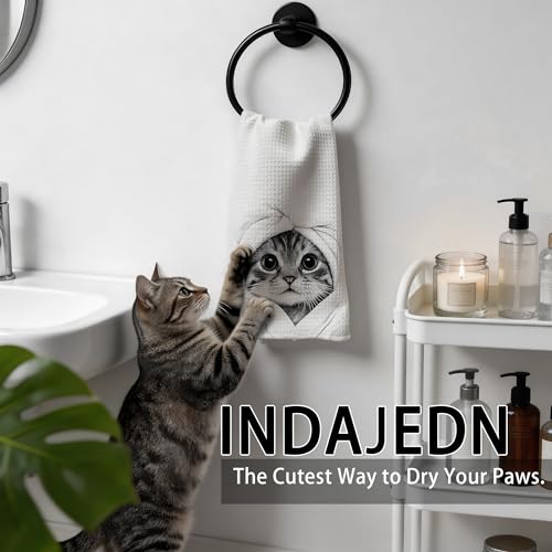 INDAJEDN Adorable Cat Gifts Hand Towels, Cute Tabby Cat Hand Towels for Bathroom Washroom Toilet Decor, Funny Black and White Tabby Cats Bathroom Decor, Cats Gifts for Women Lover, 16x24 Inch - Image 2