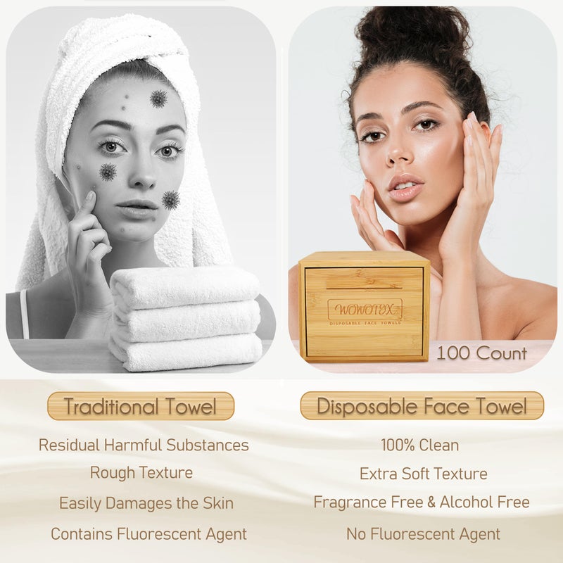WOWOTEX Luxe Bamboo Towel Container (Bamboo Box Towel Holder) with Disposable Face Towels Biodegradable Large Dry Wipes 100 Count Extra Thick Soft Clean Facial Towels for Facial Cleansing - Image 3