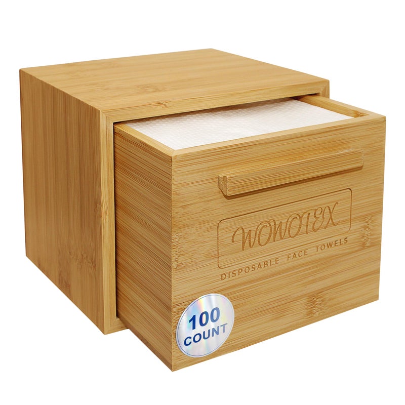 WOWOTEX Luxe Bamboo Towel Container (Bamboo Box Towel Holder) with Disposable Face Towels Biodegradable Large Dry Wipes 100 Count Extra Thick Soft Clean Facial Towels for Facial Cleansing - Image 1