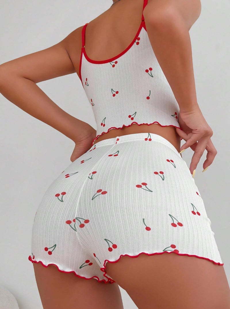 Hilinker Women's 2 Piece Cherry Pajama Set Ribbed Cami Top and Shorts Sleepwear Cute Pjs White Red Cherry B Medium - Image 2