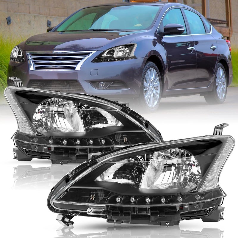 TUSDAR Halogen Headlight Assembly for 2013-2015 Nissan Sentra - Black Housing with Clear Reflector - Left & Right Pair - Image 1