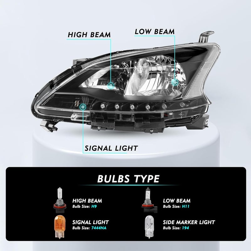 TUSDAR Halogen Headlight Assembly for 2013-2015 Nissan Sentra - Black Housing with Clear Reflector - Left & Right Pair - Image 2