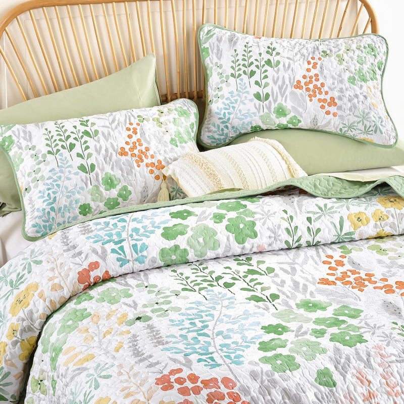 Xruibed Floral Quilt Sets King Size Green Quilt Set 3 Pieces Bedspreads Bedding Set Soft and Cozy Microfiber Lightweight Quilt Flower Bed Coverlet Sets for All Season(King 104"x90") - Image 3