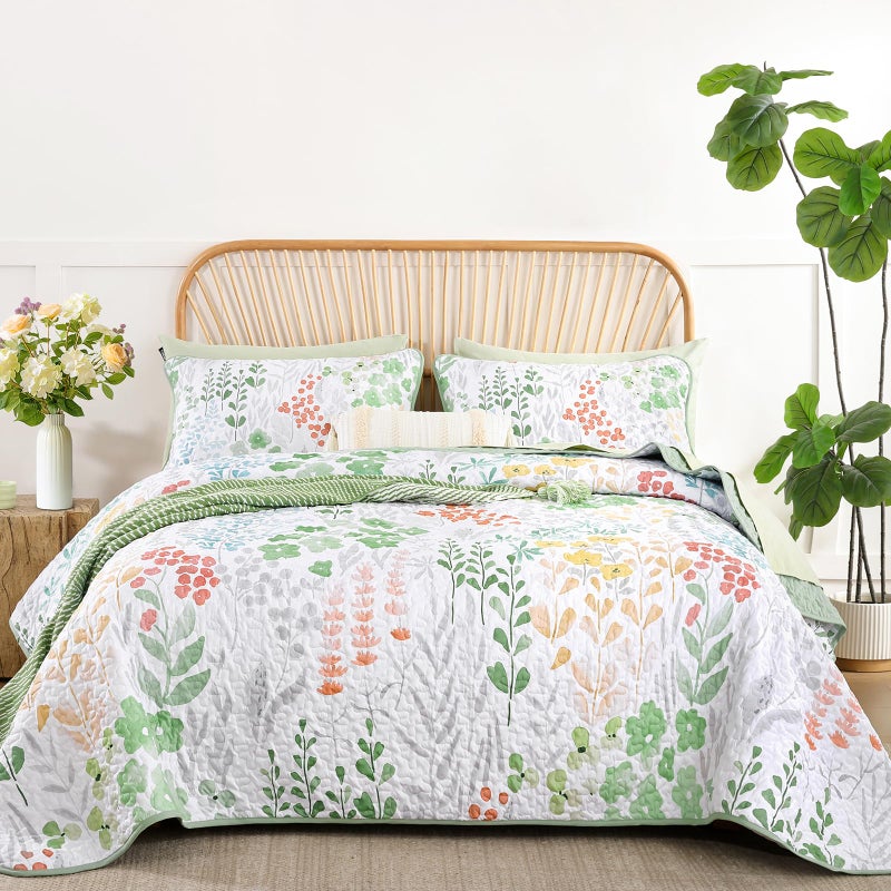 Xruibed Floral Quilt Sets King Size Green Quilt Set 3 Pieces Bedspreads Bedding Set Soft and Cozy Microfiber Lightweight Quilt Flower Bed Coverlet Sets for All Season(King 104"x90") - Image 1