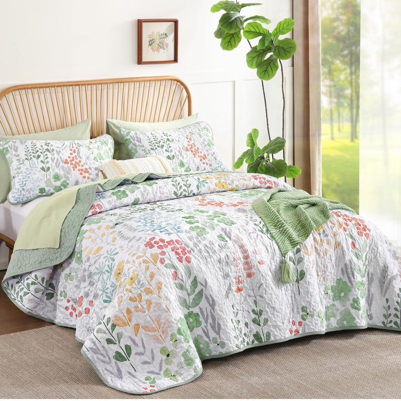Xruibed Floral Quilt Sets King Size Green Quilt Set 3 Pieces Bedspreads Bedding Set Soft and Cozy Microfiber Lightweight Quilt Flower Bed Coverlet Sets for All Season(King 104"x90") - Image 2