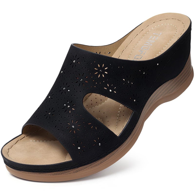 TEMOFON Women Wedge Sandals Dressy: Black Low Platform Sandal Size 8 Womens Comfortable Wide Width Leather Sandals Woman Casual Slip on Wedge Summer Shoes - Image 1